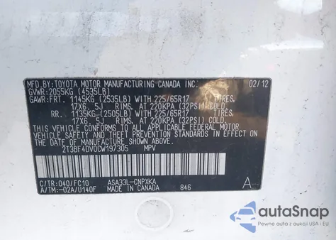 2012 Toyota Rav4 from USA, damaged, VIN 2T3BF4DV0CW197305